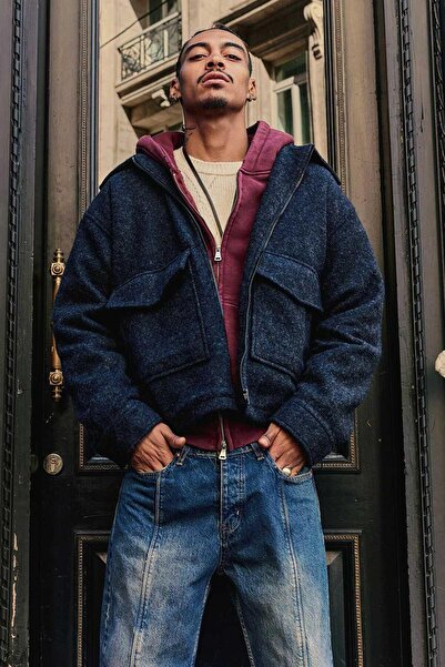 ablukaonline Men's Oversized Feather Cashmere Jacket Navy Blue