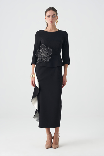 Dizayn Ella Volanlı garnili peplum saten elbise EL-4388