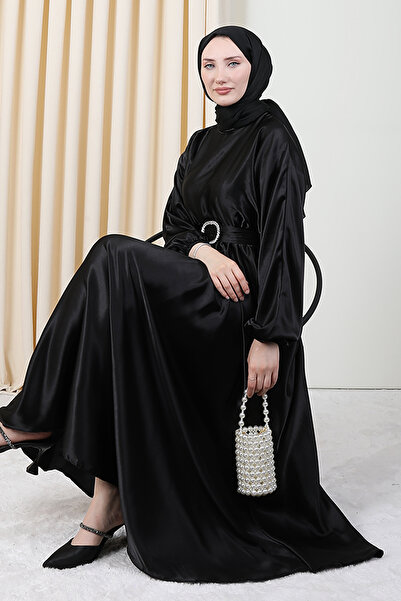 giz astore Zincir Motif Kuşaklı Elbise Siyah