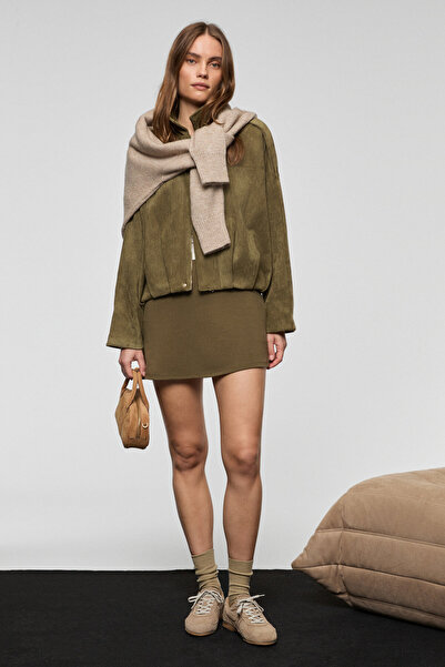 GRIMELANGE KLAREY Kadın Esnek Kumaşlı Gizli Fermuarlı Mini Haki Etek