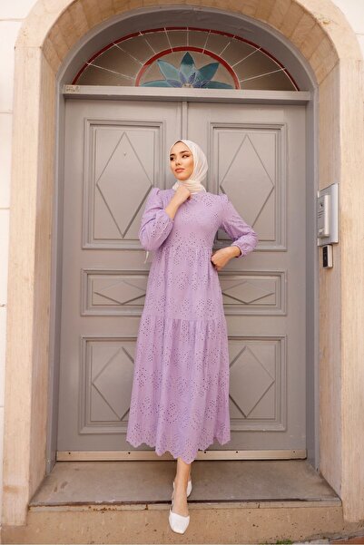 PİNK FLY Rochie lungă de damă din dantelă cu broderie liliac