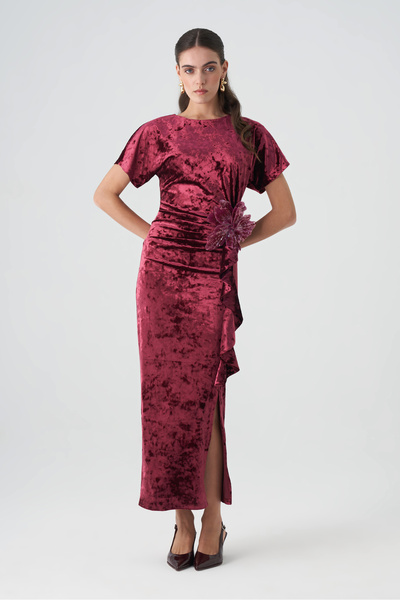 Dizayn Ella Düşük kollu volanlı kadife elbise EL-4442