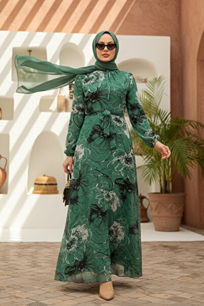 Neva Style Rochie Hijab Verde cu Motiv Floral 279070 cy