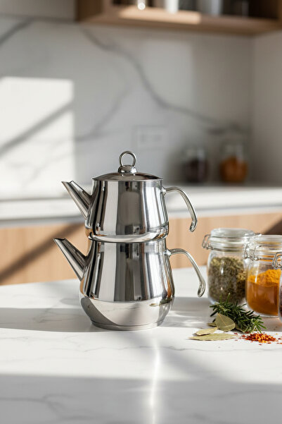 YUNUSOĞLU HOME Aletta Büyük Boy Paslanmaz Çelik Çaydanlık Metal Kulp Aile Boy Kullanım 1.6L+2.5L