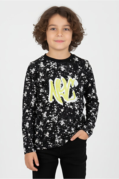 Kyron Erkek Çocuk NYC Baskılı Uzun Kollu %100 Pamuk Tişört - Siyah, Beyaz Des...