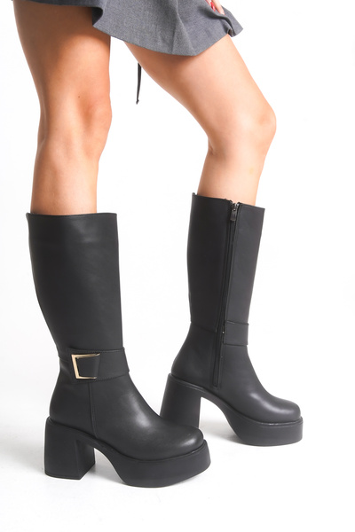 Limeo Δερμάτινες μαύρες γυναικείες μπότες με χοντρό ψηλό τακούνι με φερμουάρ και χρυσή αγκράφα