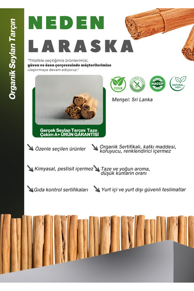 Laraska Organik Organik Glutensiz Vegan Seylan - Seylon Tarçın Toz 50g - Organic Ceylon Cinnamon Powder 50g- Organic