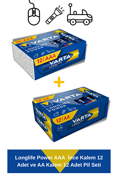 Varta Longlife Power AAA İnce Kalem 12 Adet ve AA Kalem 12 Adet Pil Seti