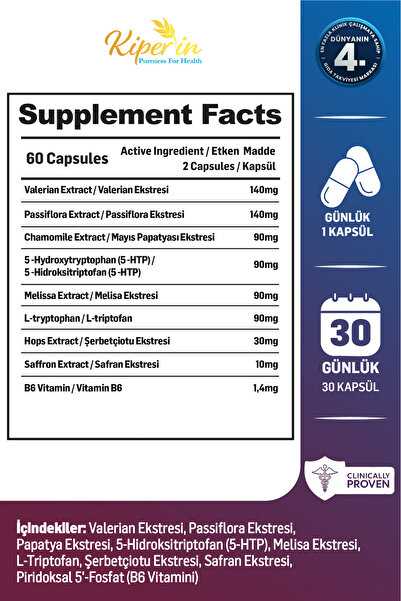 Kiperin Calm ''Relax'' Passiflora, Safran, 5-HTP, Valerian, ... 9 İçerik (30 Günlük) | Akıllı Gıda Takviyesi