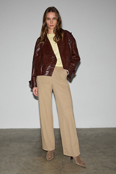 GRIMELANGE Freda Women's Thick Interlock Fabric Flare Leg Ribbed Front Elastic Waist Beige Pants