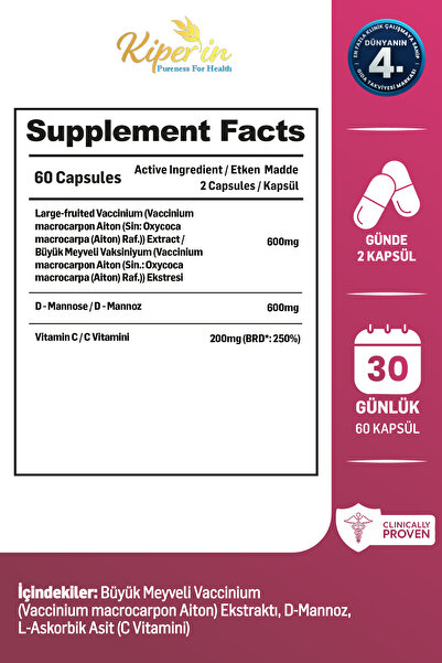 Kiperin Cranberry, D-mannoz, C Vitamin - Idrar Yolu Sağlığı (60Kapsül & 1400mg)
