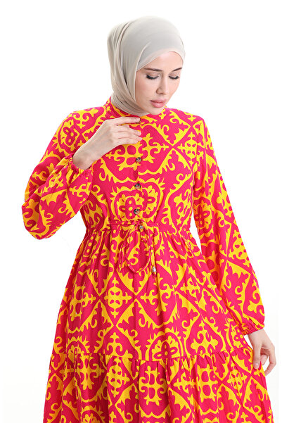 sefamerve Φόρεμα από ύφασμα βισκόζης με κορδόνια στη μέση 7134-04 Φούξια