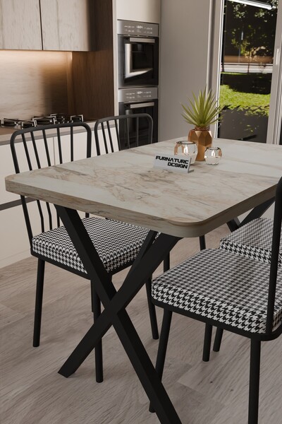 FurnatureDesign Yemek Masası Takımı X Ayaklı Çift Kalınlık Yemek Masası 70x110 + 4 Adet Sandalye - Efes