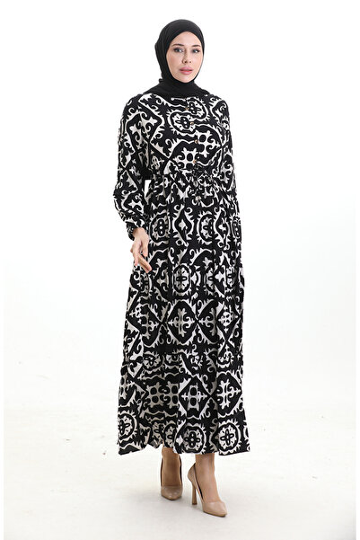 sefamerve Viskon Kumaş Beli Bağcıklı Elbise 7134-03 Siyah