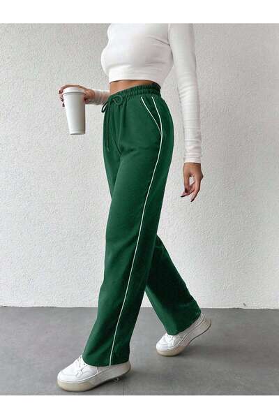 Miyalon Γυναικείο παντελόνι με ελαστική μέση με ρίγες στο πλάι και τσέπες, μαύρο unisex φαρδύ παντελόνι με φαρδύ πόδι