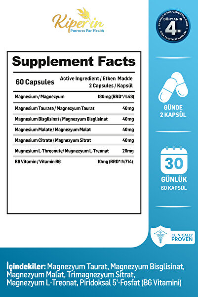 Kiperin 5x Çoklu Magnezyum (Taurat, Bisglisinat, Malat, Sitrat, L-Treonat) 60 Kapsül | Akıllı Gıda Takviyesi