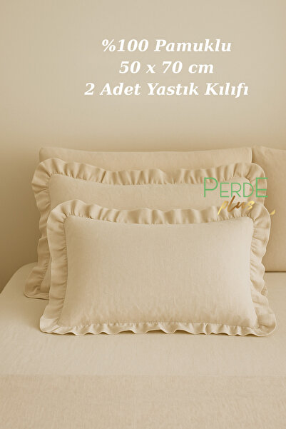 Perdeplus Наволочка з льону з воланами, натуральна, набір з 2 штук