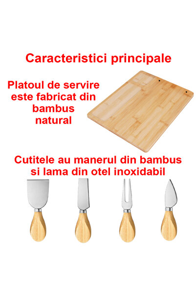OptimStar Platou de servire pentru brânzeturi cu 4 cuțite din oțel inoxidabil, din lemn de bambus, 37x29 cm