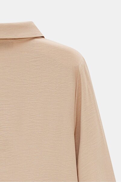 Saade Beige Women's Shirt Collar Wooden Buttoned Collage Elastic Aerobin Woven Tunic - Regular Fit