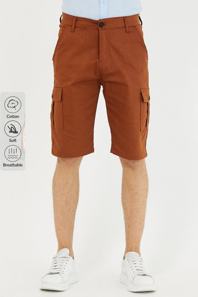 Serseri Erkek Kiremit Renk Kargo Yandan Cepli Esnek Kumaş Slim Fit Kapri Şort