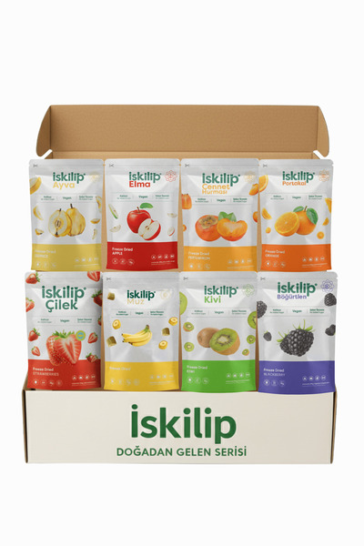 İSKİLİP Dondurularak Kurutulmuş Meyve Cips Çilek Muz Elma Ayva Portakal Hurma Kavun Böğürtlen Kivi 9'lu Box