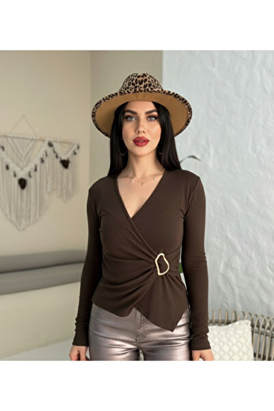 FOORS Bluză maro cu două rânduri de nasturi cu mânecă lungă și cataramă Sandy