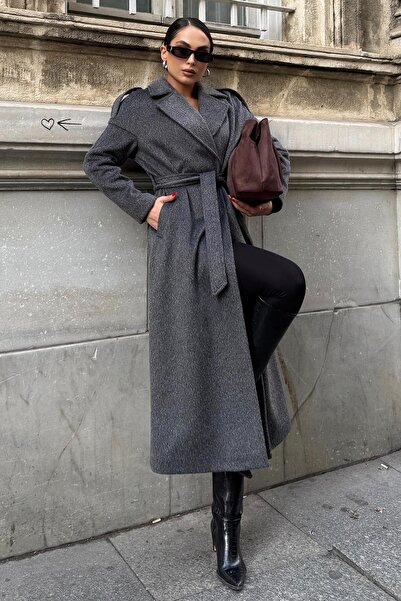 Olcay Epaulette Detailed Snap Closure Oversize Mohair Coat Anthracite 3147