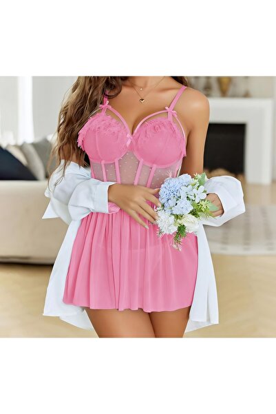 Qulaccia 2 Parça Pembe Puantiyeli Gecelik Takımı