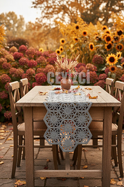 Çt Çeyizci Tekstil Fransız Dantel Detaylı Tek Runner, Masa Üzerine Runner, Masa Örtüsü Runneri Gri