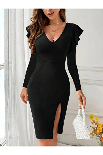 ARONA Mdb Women's Long Sleeve V-Neck Side Slit Midi Imported Crepe Dress