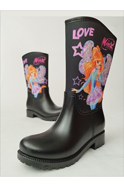 Sea&Blue Bloom Winx з принтом, чорні водонепроникні дитячі дощові чоботи для дівчаток