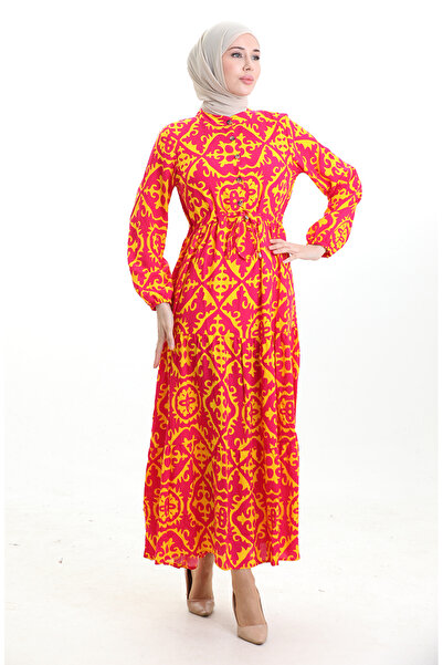 sefamerve Φόρεμα από ύφασμα βισκόζης με κορδόνια στη μέση 7134-04 Φούξια