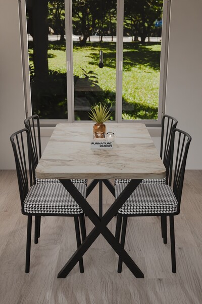 FurnatureDesign Yemek Masası Takımı X Ayaklı Çift Kalınlık Yemek Masası 70x110 + 4 Adet Sandalye - Efes