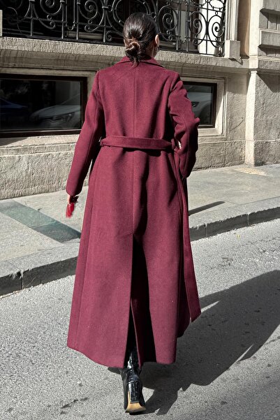 Olcay Jacket Collar Double Breasted Medium Coat Mürdüm 3094