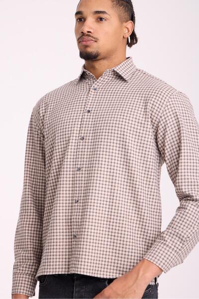 Valiberta Jonas Ekose Küçük Kareli Relaxed Fit %100 Pamuklu Flanel Kumaş Erkek Gömlek - Bej