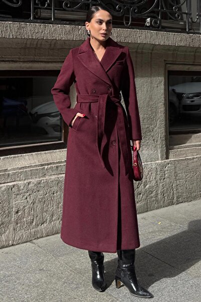 Olcay Jacket Collar Double Breasted Medium Coat Mürdüm 3094