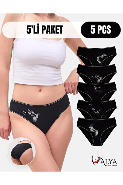 ALYA UNDERWEAR Kadın Pamuklu Külot, Kedi Baskılı - Bato Kalıp - 5 Adet Siyah