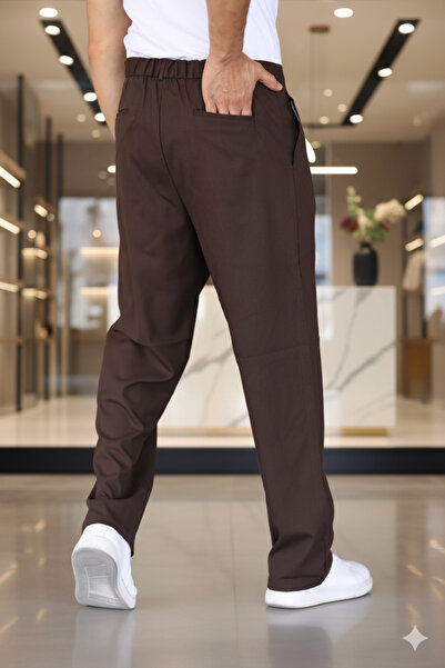 Mamlay Baggy Çift Pileli KAHVERENGİ Renk Beli Lastikli Kaliteli Rahat Kesim Klasik Bol Paça Baggy Pantolon
