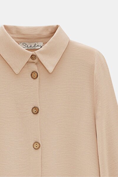 Saade Beige Women's Shirt Collar Wooden Buttoned Collage Elastic Aerobin Woven Tunic - Regular Fit