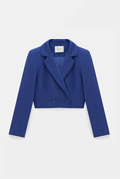 Saade Lacivert Kadın Regular Fit Kruvaze Kapama Dokuma Crop Blazer Ceket -Şık...