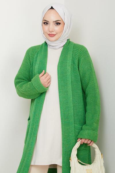 hafsamina Πλεκτό ζακέτα με γιακά σάλι και τσέπες πράσινο HM2243