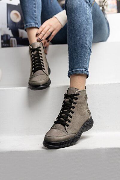 Diego Carlotti Hakiki Deri Fermuarlı Günlük Bağcıklı Kısa Kadın Bot / Bootie