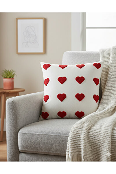 Sumicorn Design Husă de pernă cu inimă roșie brodată albă (42 x 42 cm)
