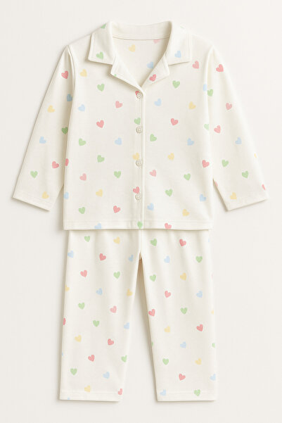 Enie Girl's Heart Patterned 100% Cotton Buttoned Pajama Set
