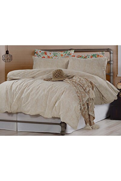 Storish Brode Daisy Çift Kişilik %100 Pamuk Nevresim Seti Bej