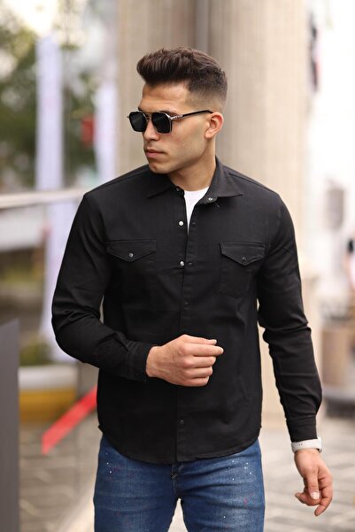 Serseri Black Color Snap Button Double Pocket Denim Shirt