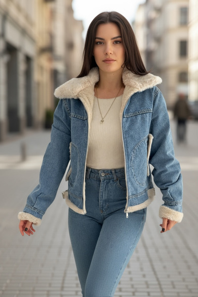 İLKCET MODA Жіноча джинсова куртка з коміром, плюшевою підкладкою та бічним поясом