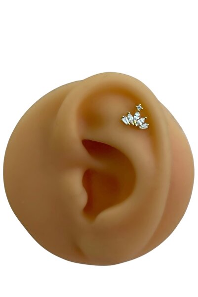 Siminkari 925 Ayar Gümüş Üzerine Mikron Altın Kaplama Sıralı Taşlı Işıltılı Lotus Piercing 7 mm Tragus Helix