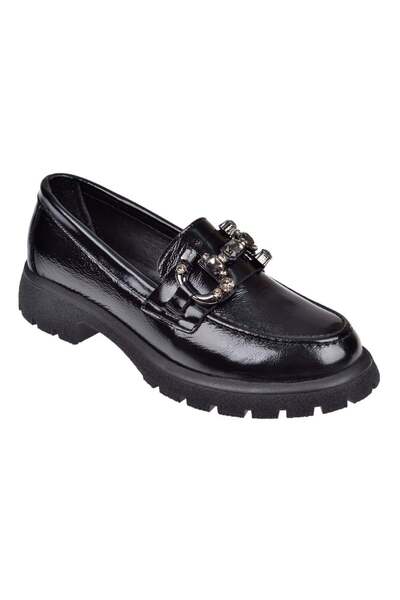 pullman DivaDonna Hakiki Deri Taşlı Toka Kadın Ayakkabı BL-4260   SİYAH RUGAN