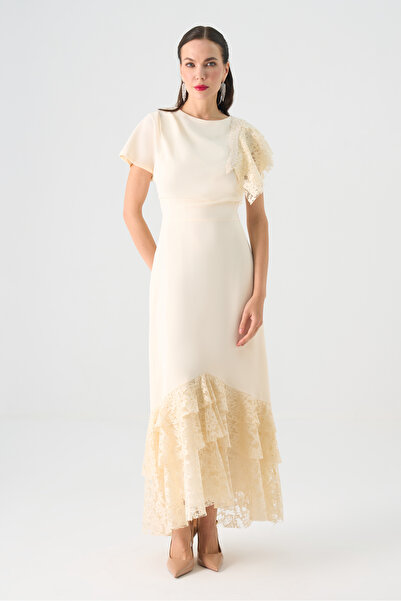 Dizayn Ella Lace Detailed Asymmetric Cut Midi Dress El-4449